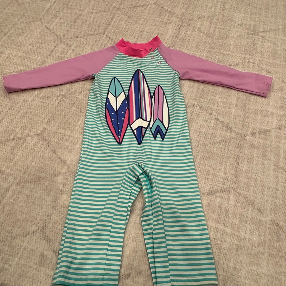 Girls' Pink & Teal Stripe Long-Sleeve Swimsuit with Surfboard Print